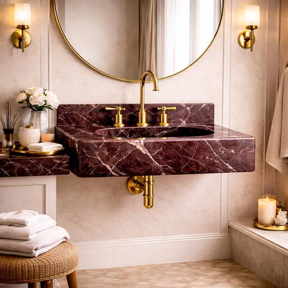 Cherry Levanto Statement Sink – High End Red Marble Floating Bathroom Basin – Custom Natural Stone Vanity – 3 Hole Vanity Sink