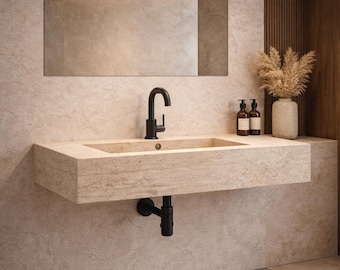 Travertine Wall Mounted Sink – Floating Stone Bathroom Vanity Sink Handmade Natural Beige Marble Basin Custom Size