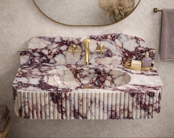 Luxury Calacatta Viola Marble Sink, Ribbed Floating Wall Mounted Bathroom Vanity, Handmade Sculptural Stone Basin with Backsplash