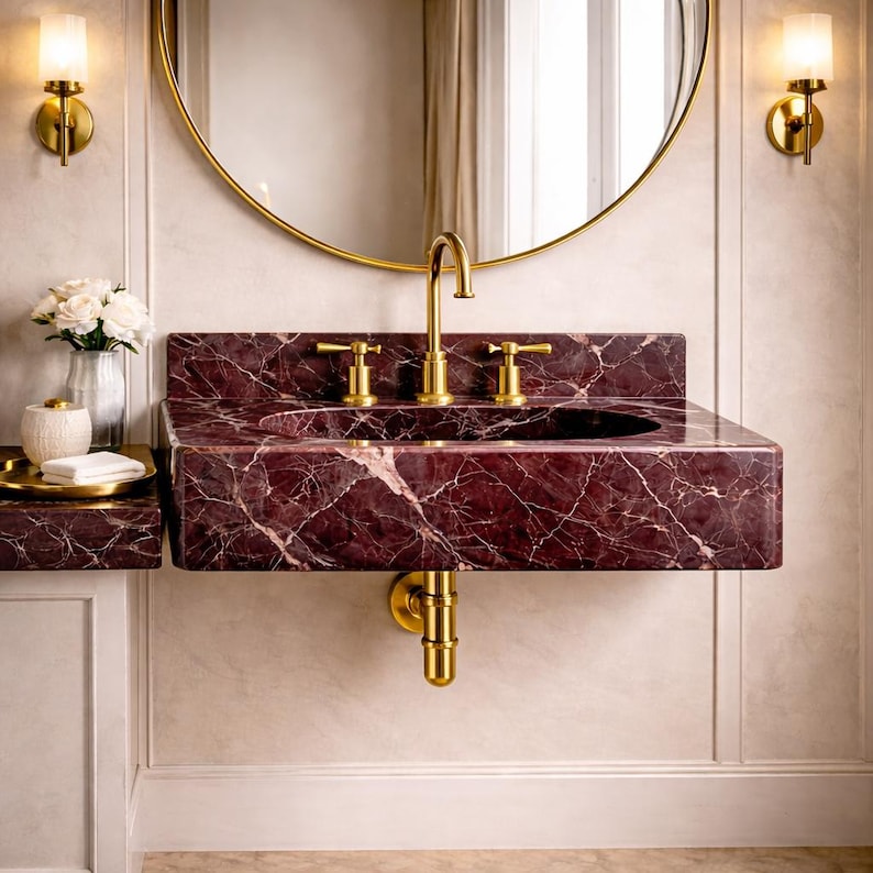 May include: A wall-mounted bathroom sink made of burgundy marble with white veining. The sink has a gold faucet and fixtures. A gold-framed mirror hangs above the sink, and gold sconces flank the mirror. A small shelf with a tray and flowers is to the left.