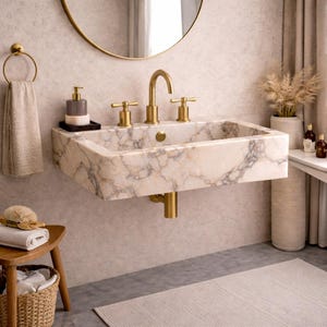 May include: A rectangular marble sink with gold fixtures is mounted on a wall. The sink has a cream and gray veined pattern. A gold faucet and two handles are centered above the sink. A gold towel ring and a round mirror are also visible.