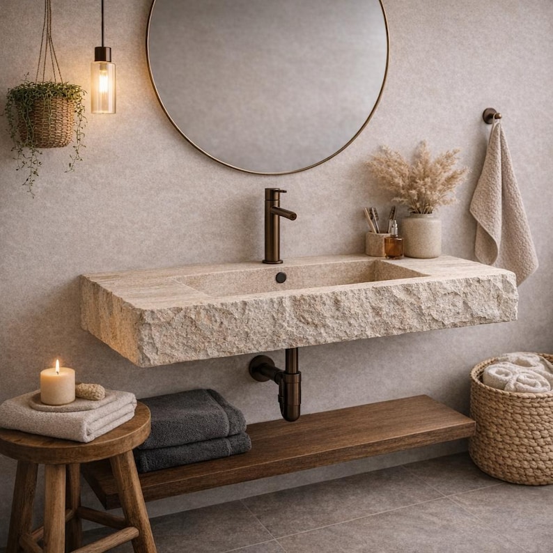 May include: A modern bathroom with a stone-like rectangular sink, dark bronze faucet, and a round mirror. A wooden shelf holds towels, and a small stool with a candle and towels sits nearby. A hanging plant and a woven basket add to the decor.