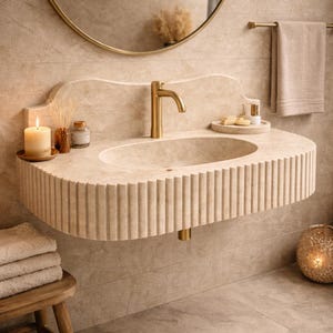 May include: Beige stone bathroom sink with a gold faucet and a fluted front. The sink has a built-in countertop with a round mirror above. A candle, soap, and a towel are also visible.