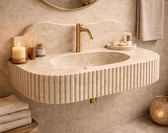 Beige Travertine Marble Sink Custom Size, Fluted Wall Mounted Bathroom Sink, Luxury Floating Stone Vanity, Handmade Natural Stone Basin