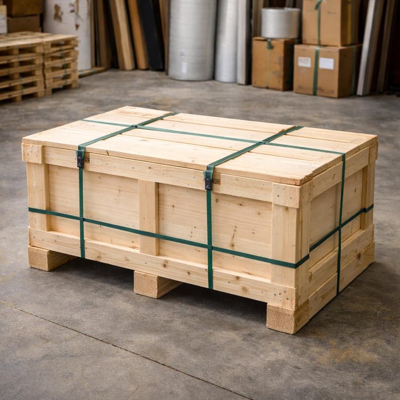 May include: A large, rectangular wooden crate with a light-colored finish, secured with green straps. The crate is elevated on a wooden pallet, suggesting it's designed for shipping or storage. The overall aesthetic is rustic and functional.