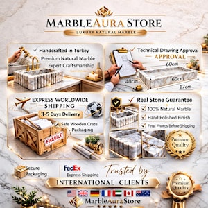 May include: An advertisement for Marble Aura Store, showcasing luxury natural marble products. The image highlights a marble sink and a rectangular marble tray, with dimensions of 60cm x 60cm x 17cm (23.6in x 23.6in x 6.7in). The ad emphasizes craftsmanship and worldwide shipping.