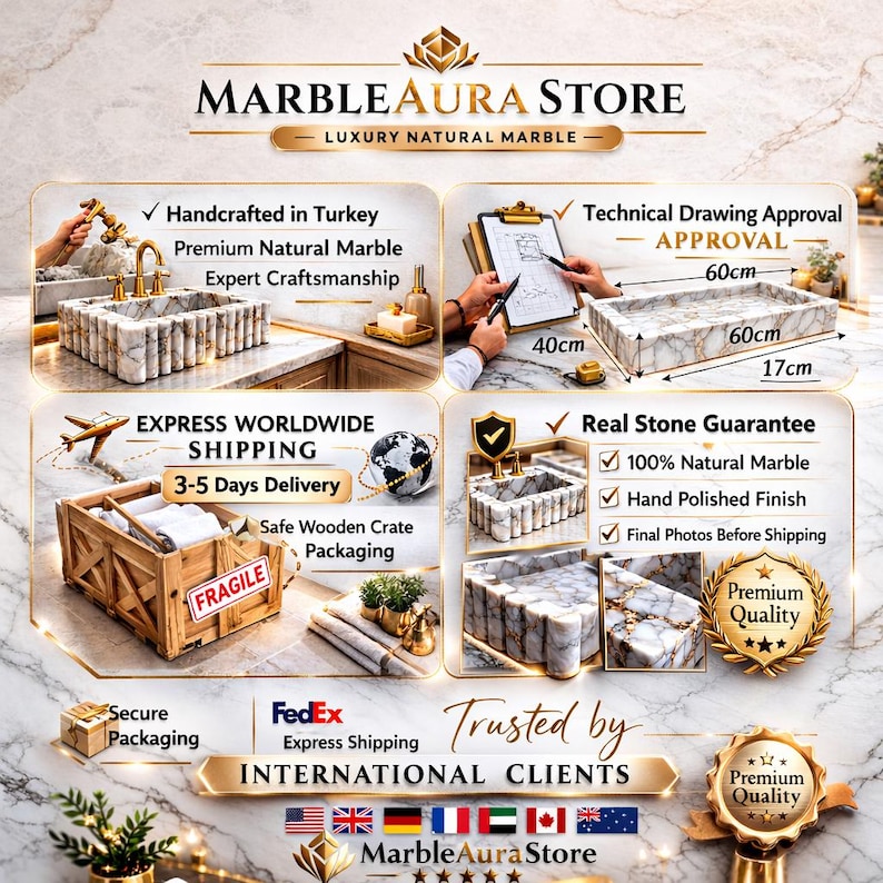 May include: An advertisement for Marble Aura Store, showcasing luxury natural marble products. The image highlights a marble sink and a rectangular marble tray, with dimensions of 60cm x 60cm x 17cm (23.6in x 23.6in x 6.7in). The ad emphasizes craftsmanship and worldwide shipping.
