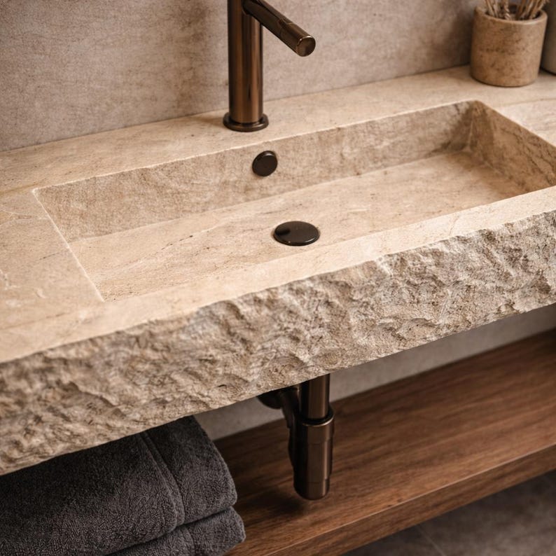 May include: A stone bathroom sink with a bronze faucet and drain. The sink has a rectangular basin and a rough, textured edge. A wooden shelf is below the sink, and a stack of gray towels is on the shelf. The faucet and drain are dark bronze.
