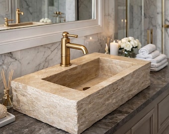 Rustic Travertine Stone Sink – Handmade Natural Stone Bathroom Vanity Sink – Chiseled Edge Farmhouse Vessel Sink – Luxury Beige Travertine B