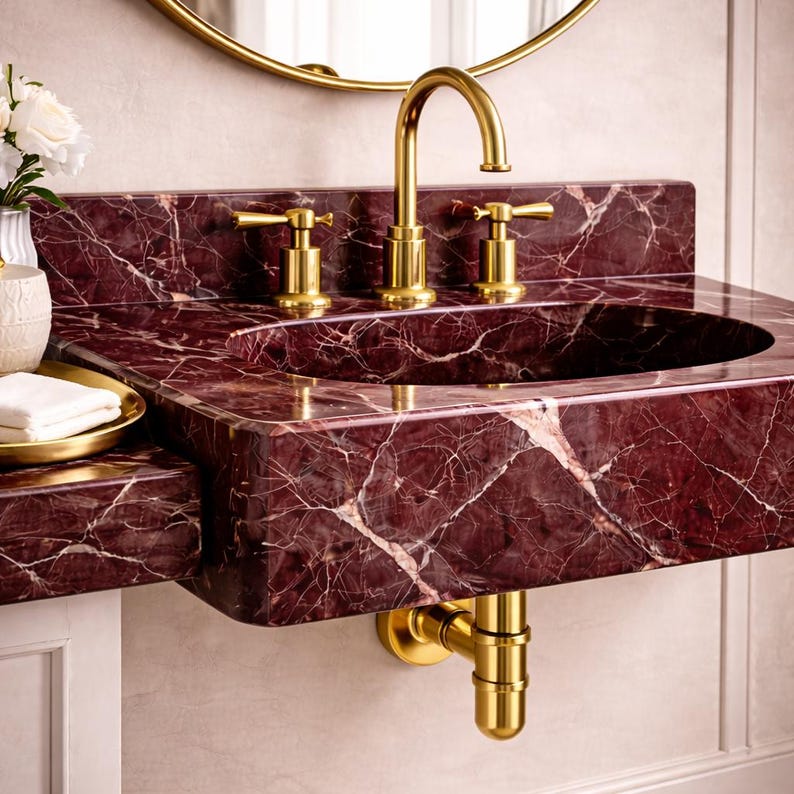 May include: A luxurious bathroom sink with a deep red marble countertop and integrated basin. The sink features gold-colored faucets and drain pipes. A gold-framed mirror is visible in the background, along with a vase of white flowers and a gold tray.