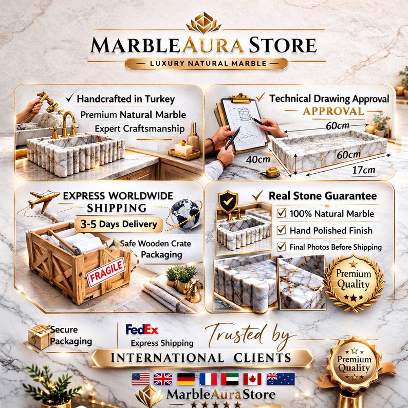 May include: An advertisement for Marble Aura Store, showcasing luxury natural marble products. The image highlights a marble sink and a rectangular marble tray, with dimensions of 60cm x 60cm x 17cm and 40cm. The ad emphasizes craftsmanship, real stone guarantee, and express worldwide shipping.