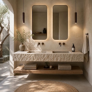 Puede incluir: Diseño de baño moderno con un tocador de piedra con dos lavabos, dos espejos iluminados y una estantería de madera. La estantería contiene toallas dobladas, una vela y una pequeña bandeja. Un jarrón con vegetación y una alfombra redonda completan el diseño.