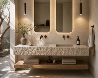 Luxury Travertine Double Sink Vanity, Floating Stone Bathroom Sink, Handmade Natural Travertine Vanity, Modern Rustic Bathroom Decor