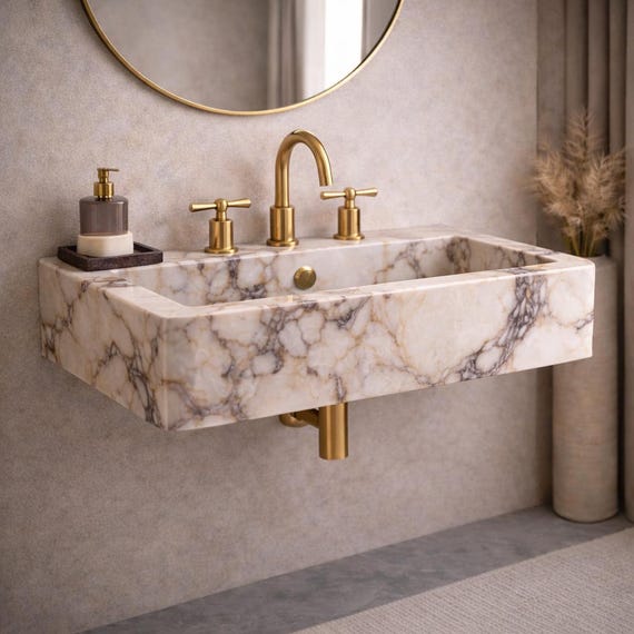 Luxury Calacatta Marble Sink – Floating Wall Mounted Bathroom Vanity – Handmade Natural Stone Designer Basin