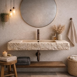 Puede incluir: Un lavabo de baño con aspecto de piedra con un grifo de bronce y un espejo redondo. El lavabo está montado en la pared con una estantería de madera debajo. Una cesta tejida contiene toallas enrolladas y una vela está sobre un taburete de madera.