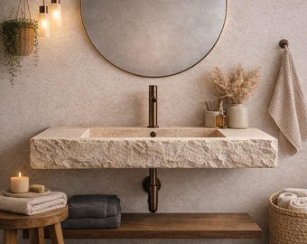 Travertine Floating Bathroom Sink, Wall Mounted Travertine Vanity, Natural Stone Bathroom Sink, Handmade Travertine Washbasin