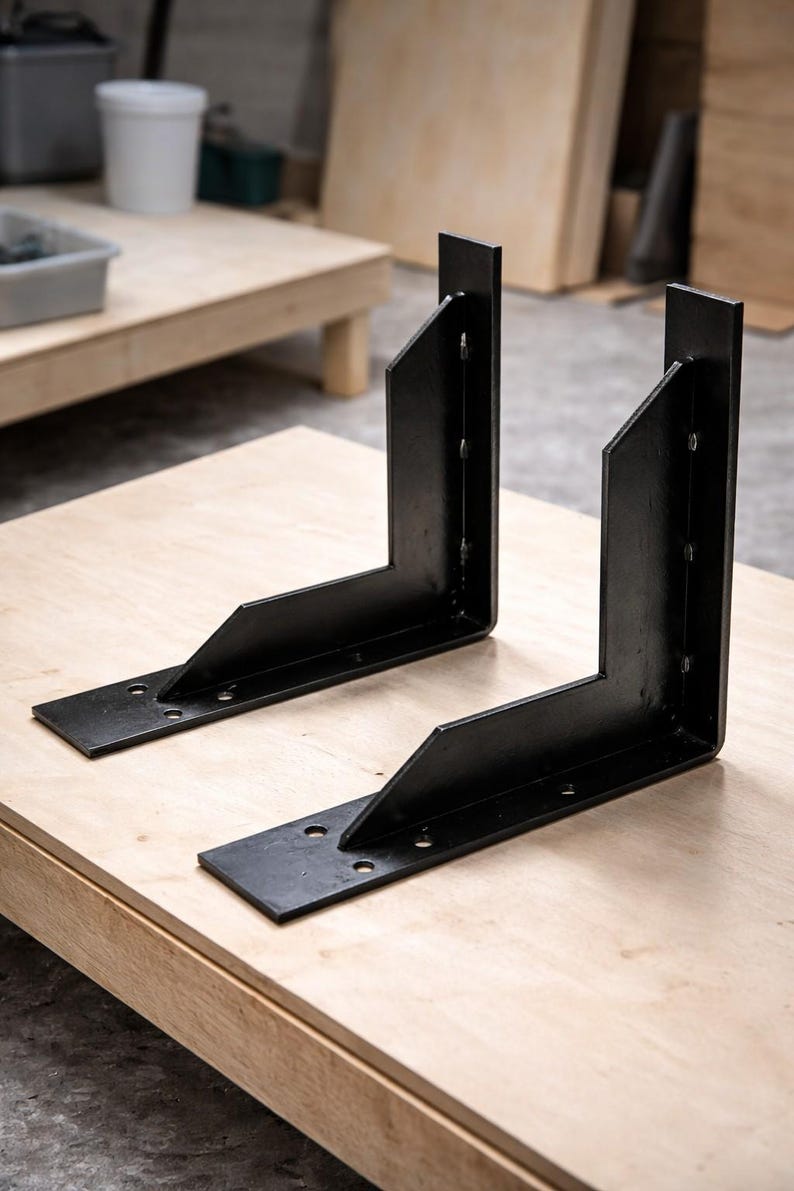May include: Two black metal corner brackets with multiple pre-drilled holes, resting on a light-colored wooden surface. The brackets are L-shaped, designed for structural support in woodworking or construction projects.