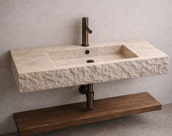 Beige Travertine Floating Wall Sink – Textured Front Natural Stone Vanity – Custom Size Luxury Bathroom