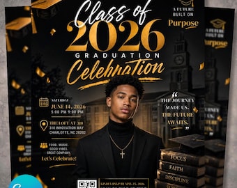 Class of 2026 Gold Graduation Invitation, Editable Magazine Style Black Boy College High School Grad Party Canva DIY Flyer
