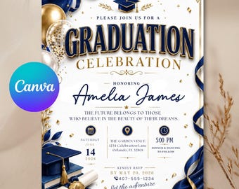 Graduation Party Invitation, Blue Graduation Invitation Announcement, Graduation Party Invite, DIY text, Canva Editable