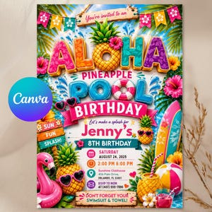 Aloha Pineapple Pool Birthday Invitation | Editable Digital Download | Printable Luau Party Invite | Tropical Summer Theme Card