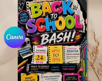 Volantino modificabile per la festa di ritorno a scuola, invito per la festa di ritorno a scuola, modello di volantino fai-da-te, volantino per eventi comunitari, volantino predefinito
