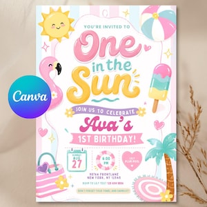 ONE in the Sun Girl 1st First Birthday Pool Party Invitation: Summer Template