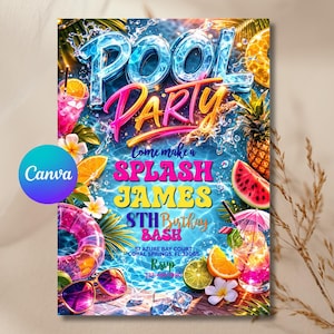 Inbjudan till poolparty för tjejer, poolparty födelsedag, poolparty inbjudan, tonårsflickor födelsedag, sommarpoolparty, redigerbar, Canva-mall