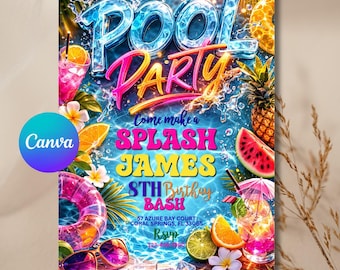Girls Pool Party Birthday Invitation,Pool Party Birthday,Pool Party Invite,Girls Teenage Birthday,Summer Pool Party,Editable,Canva Template