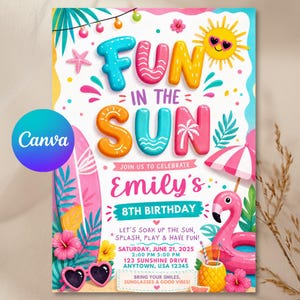 Fun in the Sun Birthday Invitation, Beach Theme Kids Party Invite, Editable Canva Template, Digital Summer Birthday Download