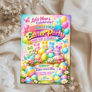 Easter egg Hunt Invitation, Party with my Peeps, Easter Bunny Invite, Gold Easter Egg, Easter Party Invite, Instant Download, Editable Canva