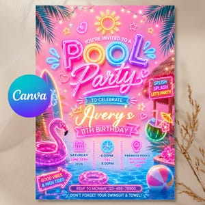 May include: A colourful pool party invitation with a pink and blue theme. The design features a flamingo float, a surfboard, and the text "Pool Party" and "Avery's 11th Birthday". Details include date, time, and location.