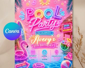 Neon Pool Birthday Invitation, Pool Party Birthday Invitation, Neon Glow Swim Invite, Swimming Pool Party Invite, Editable Canva Template