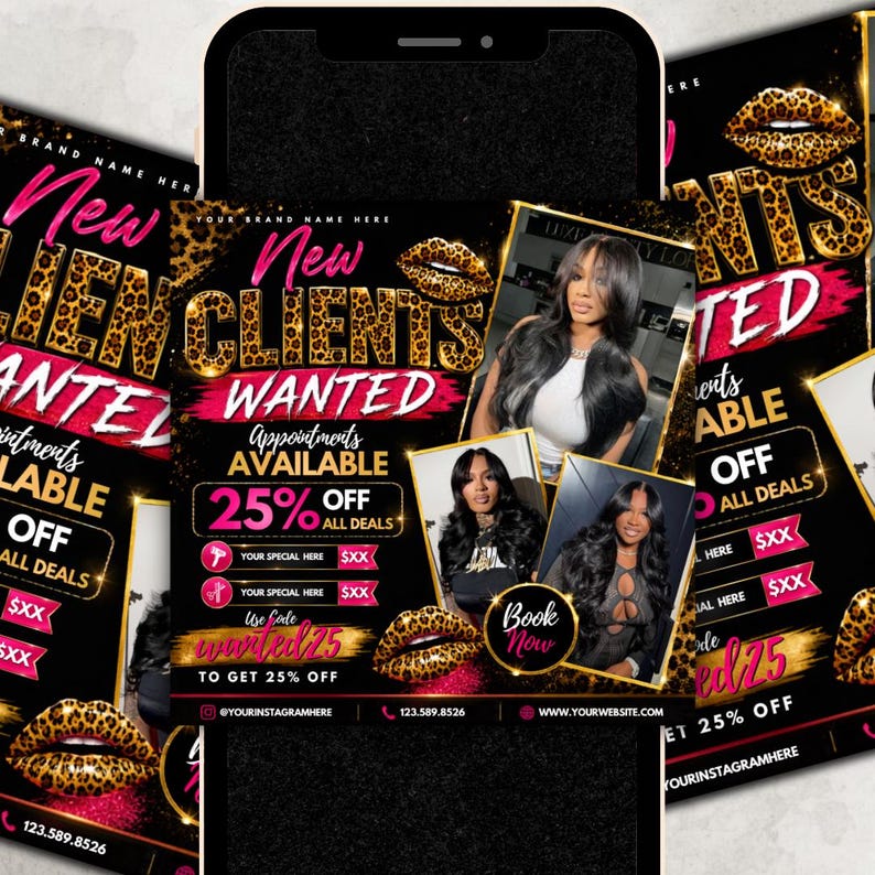 New Client Wanted Flyer, New Client Booking Flyer, Book Now Flyer, Hair Flyer, Braids, Nail Tech, Lash Tech, MUA, Wig Flyer, Canva Template