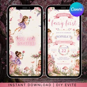 Puede incluir: Dos pantallas de smartphone que muestran una invitación digital para un primer cumpleaños. El diseño presenta ilustraciones de hadas, flores rosas, setas y texto que incluye "You are invited", "Sophia is fairy first" y "Sophia's 1st birthday".