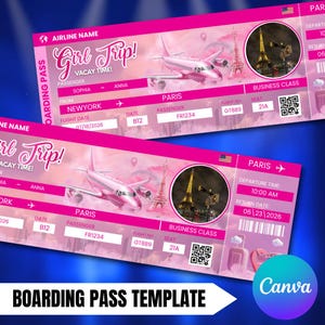 May include: Two pink boarding passes with the text "Girl Trip! Vacay Time!" and "Boarding Pass Template." The passes feature a pink airplane, the Eiffel Tower, and travel details from New York to Paris.