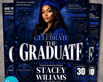 2026 Graduation Invite Magazine Style, Blue DIY Editable Flyer Template, Graduation Celebration Canva Printable