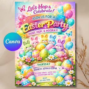 Invito alla caccia alle uova di Pasqua, festa con i miei amici, invito coniglietto pasquale, uovo di Pasqua dorato, invito alla festa di Pasqua, download immediato, modificabile su Canva