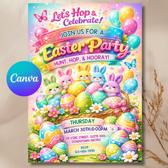 Easter egg Hunt Invitation, Party with my Peeps, Easter Bunny Invite, Gold Easter Egg, Easter Party Invite, Instant Download, Editable Canva