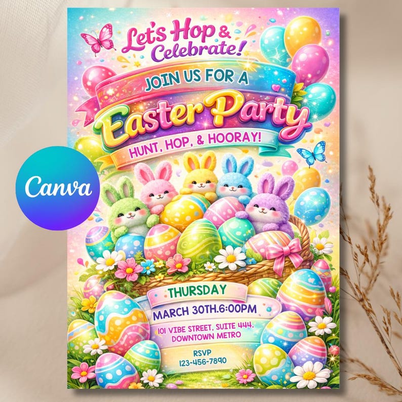 Easter egg Hunt Invitation, Party with my Peeps, Easter Bunny Invite, Gold Easter Egg, Easter Party Invite, Instant Download, Editable Canva image 1