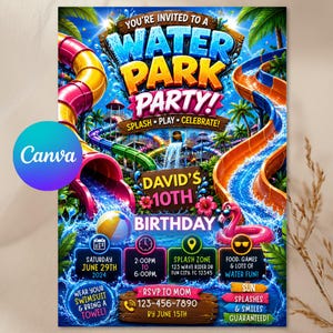 May include: A colorful water park party invitation featuring large yellow, red, and blue water slides, a pink flamingo float, and a beach ball. The text reads: You're invited to a Water Park Party! David's 10th Birthday, Saturday June 29th 2024.