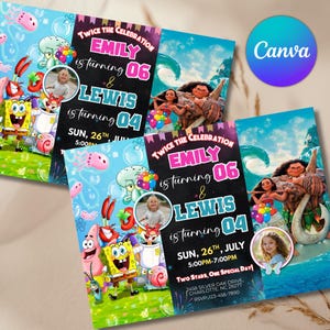 Sibling Birthday Invitation, Double Birthday Invite, Dual Combined Twins Invitation, Boy and Girl Double Invite, Two Theme, Canva Editable