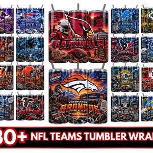 May include: A collection of 30+ NFL team tumbler wraps featuring various team logos, colors, and football-themed graphics. Each cylindrical wrap displays specific team branding, including names and mascots, with text reading 30+ NFL TEAMS TUMBLER WRAPS.