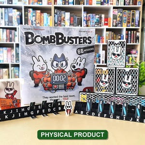 May include: The Bomb Busters board game set includes a large game box with cartoon characters, a small deck box, two card holders with letters A through N, and a small rabbit character standee. The box features the title Bomb Busters and 66 missions.
