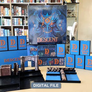 May include: A board game organizer set for Descent Legends of the Dark, featuring blue plastic storage boxes with orange text labels for characters and game components, alongside black plastic trays for terrain pieces and a large game box.