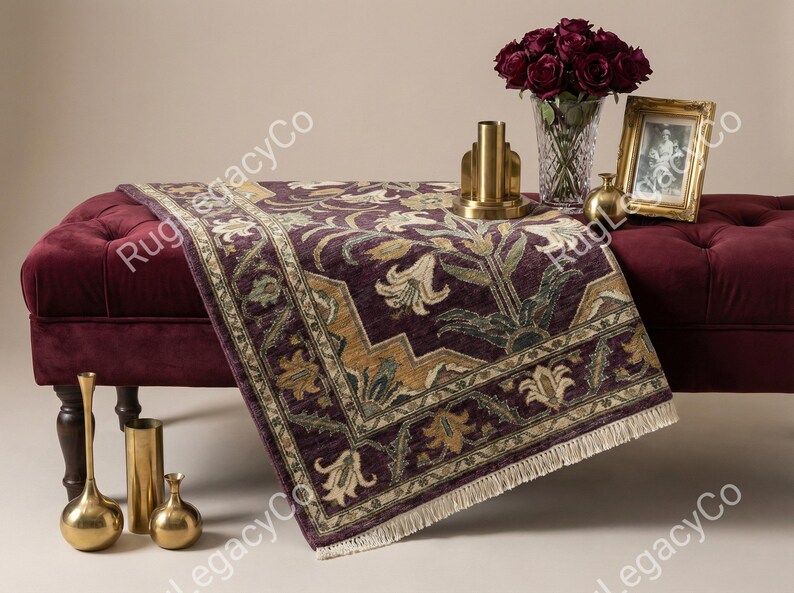 Draped Rugs Made in India 8x10 Plum Purple Gold Wool Rug | Tree of Life Lily Floral ...