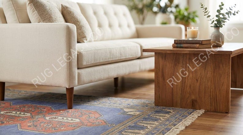 Op de afbeelding: Een cr&egrave;mekleurige bank met knopen en houten poten in een lichte kamer. Een houten salontafel met boeken en een kaars. Een patroonkleed in blauwe en rode tinten ligt op de vloer.
