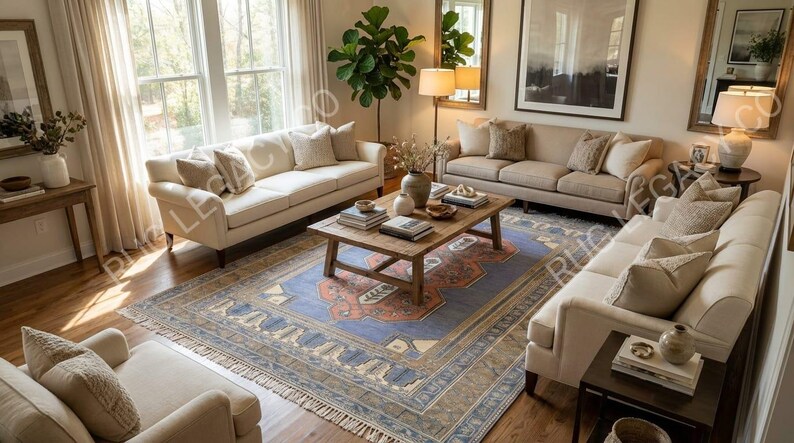 Op de afbeelding: Een woonkamer met drie beige banken rond een groot blauw en oranje patroon tapijt. In het midden staat een houten salontafel en de kamer is ingericht met planten en kunstwerken.