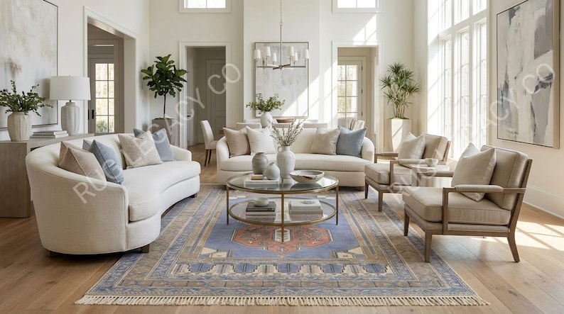 Op de afbeelding: Een lichte woonkamer met cr&egrave;mekleurige banken, fauteuils en een patroonkleed. De kamer heeft een glazen salontafel, decoratieve vazen en grote ramen. De sfeer is modern en comfortabel.
