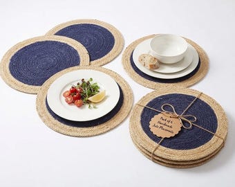 Navy geflochtene Jute Tischsets 6er Set | 30 cm Handarbeit Indien | Runde gewebte Tischsets | Boho Esszimmer Küche Dekor | Eco Geschenk